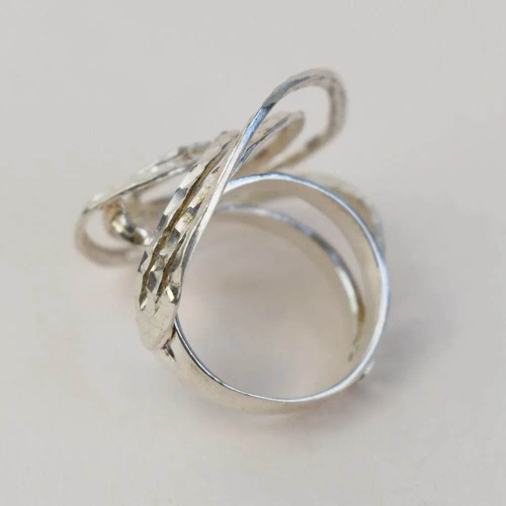 Bold extravagant silver ring for women, unusual large stoneless ring size 6 US